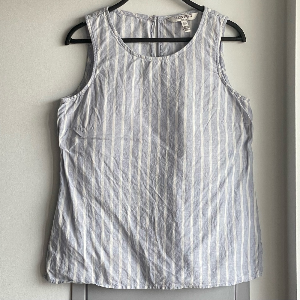 ELLEN TRACY Light Blue Striped 100% Linen Tank Top
